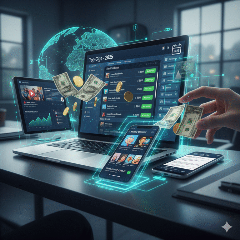 “A freelancer working online with laptop and coffee — earning money through top online platforms in 2025.”