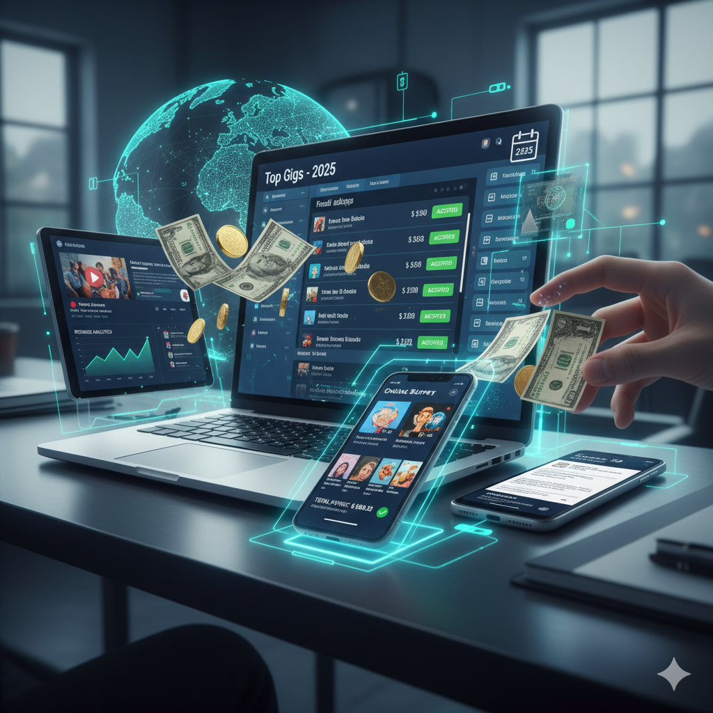 βA freelancer working online with laptop and coffee β earning money through top online platforms in 2025.β