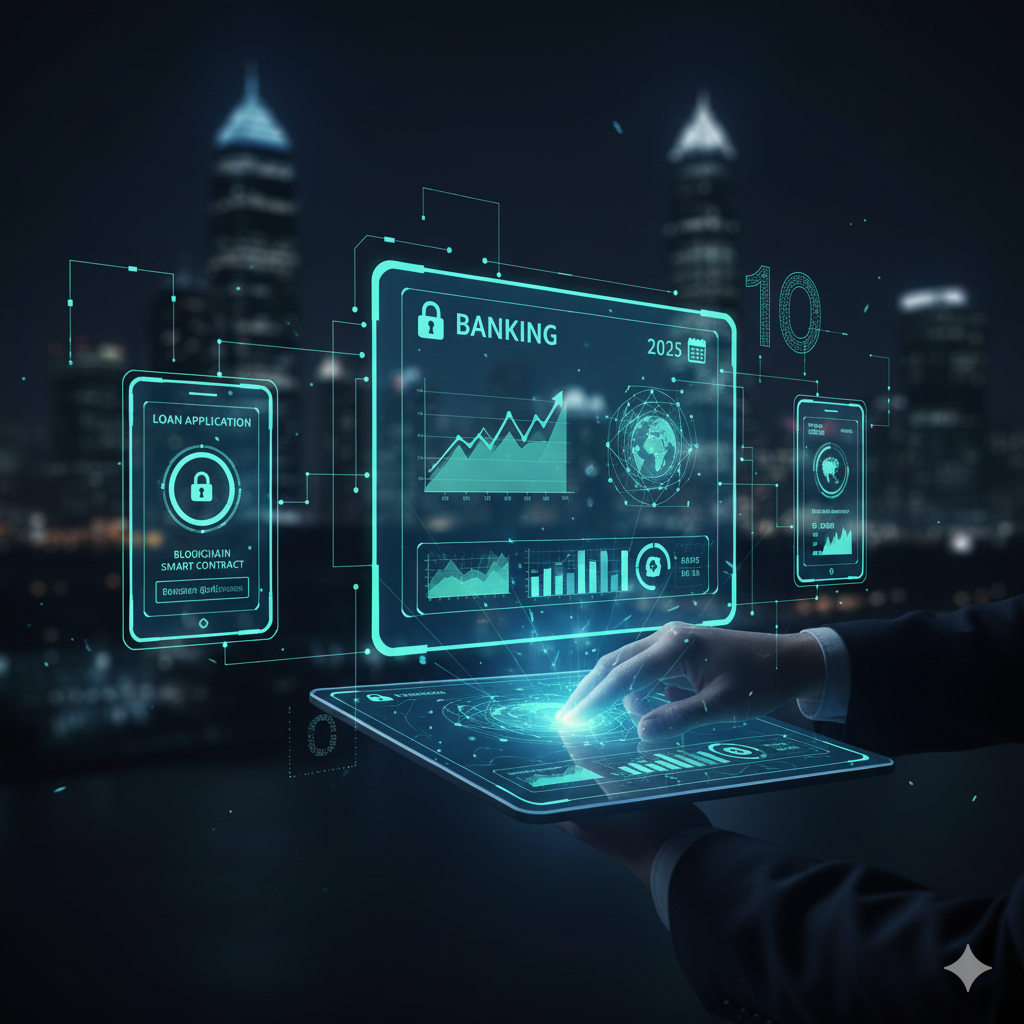 “A futuristic digital bank interface showing AI-powered lending and modern financial technology in 2025.”