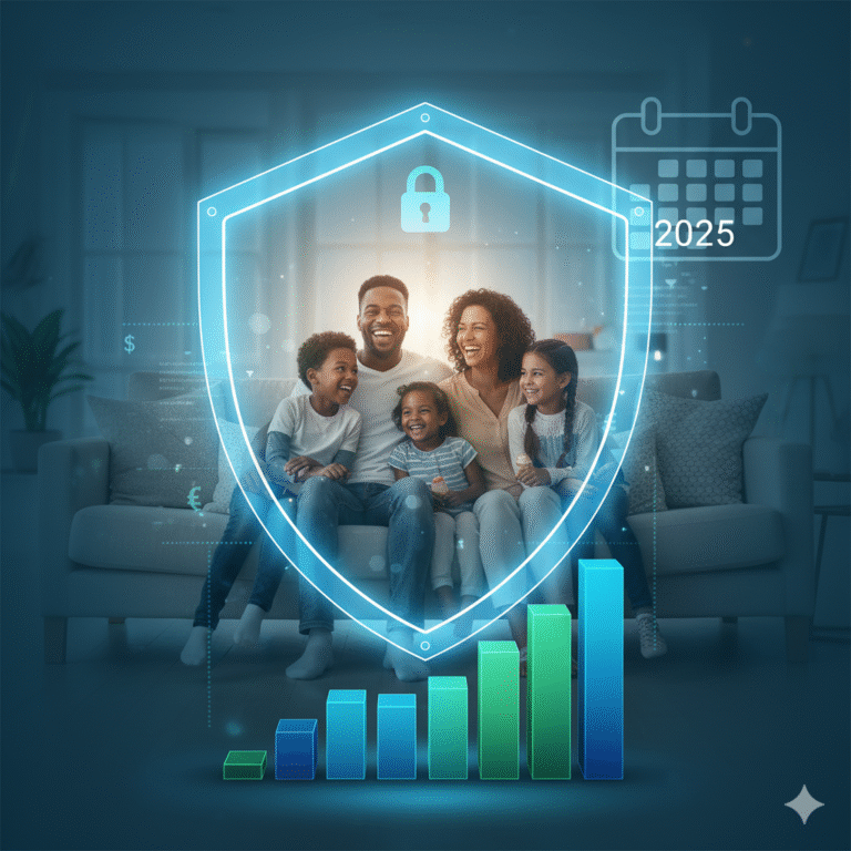 “A happy family reviewing finances together — financial protection and planning for 2025.”