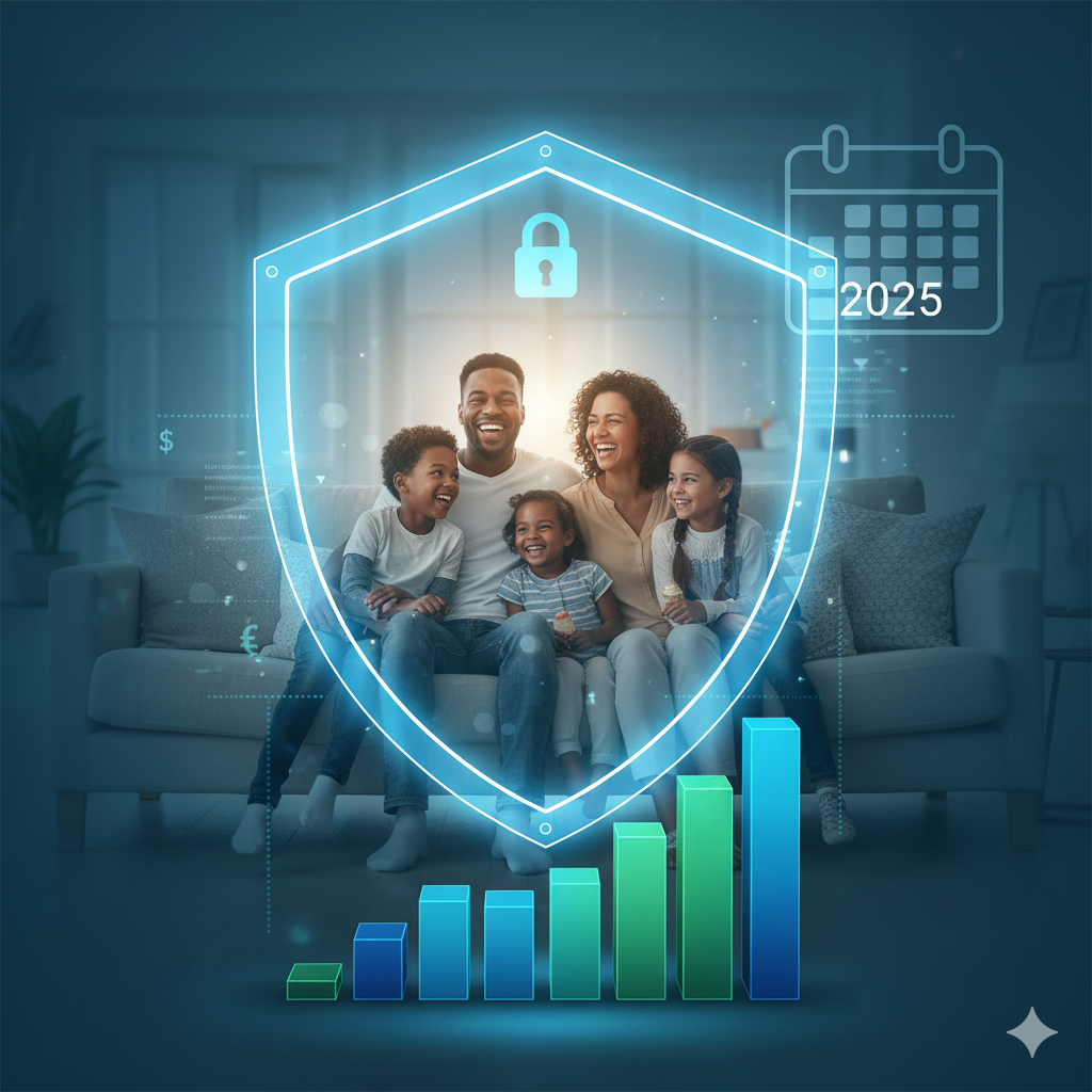 “A happy family reviewing finances together — financial protection and planning for 2025.”